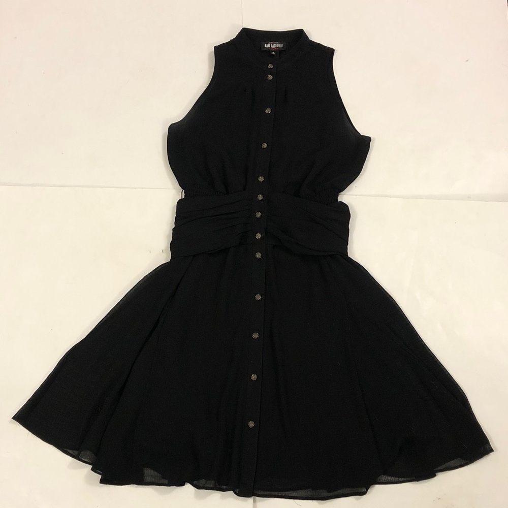 Karl Lagerfeld 0 Dress Black Sleeveless Jewelled Button down Crepe Excellent